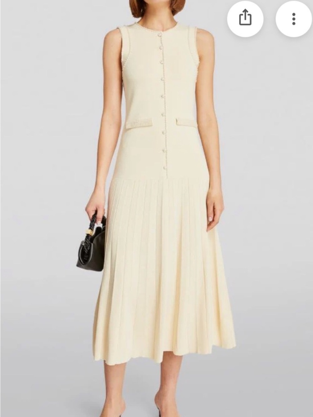 Sandro Paris Sleeveless Cream Pleated pear trim Button-Front Midi Dress Sz L